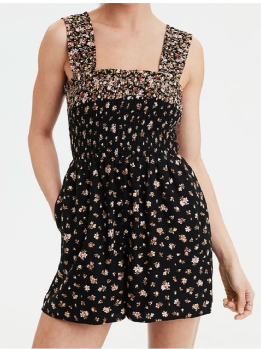 American Eagle Floral Boho Smocked Romper